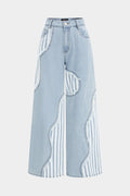 Denim Patchwork Stripes Print Asymmetrical Frayed Wide Leg Jeans