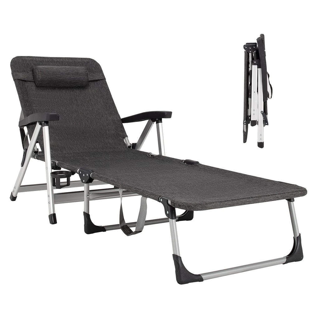 Chaise Lounge Chair, Folding Outdoor Patio Lounger with Cup Holder & Detachable Headrest