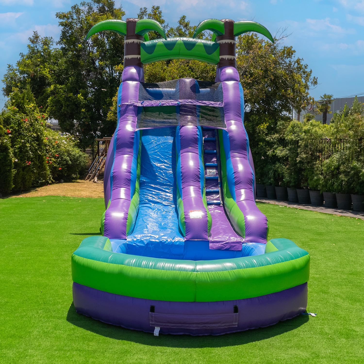 16 Purple Tropical Lightweight Premium Commercial Grade Water Slide Inflatable with Attached Pool for Kids and Adults (with Blower), Wet Dry Use, Summer Fun