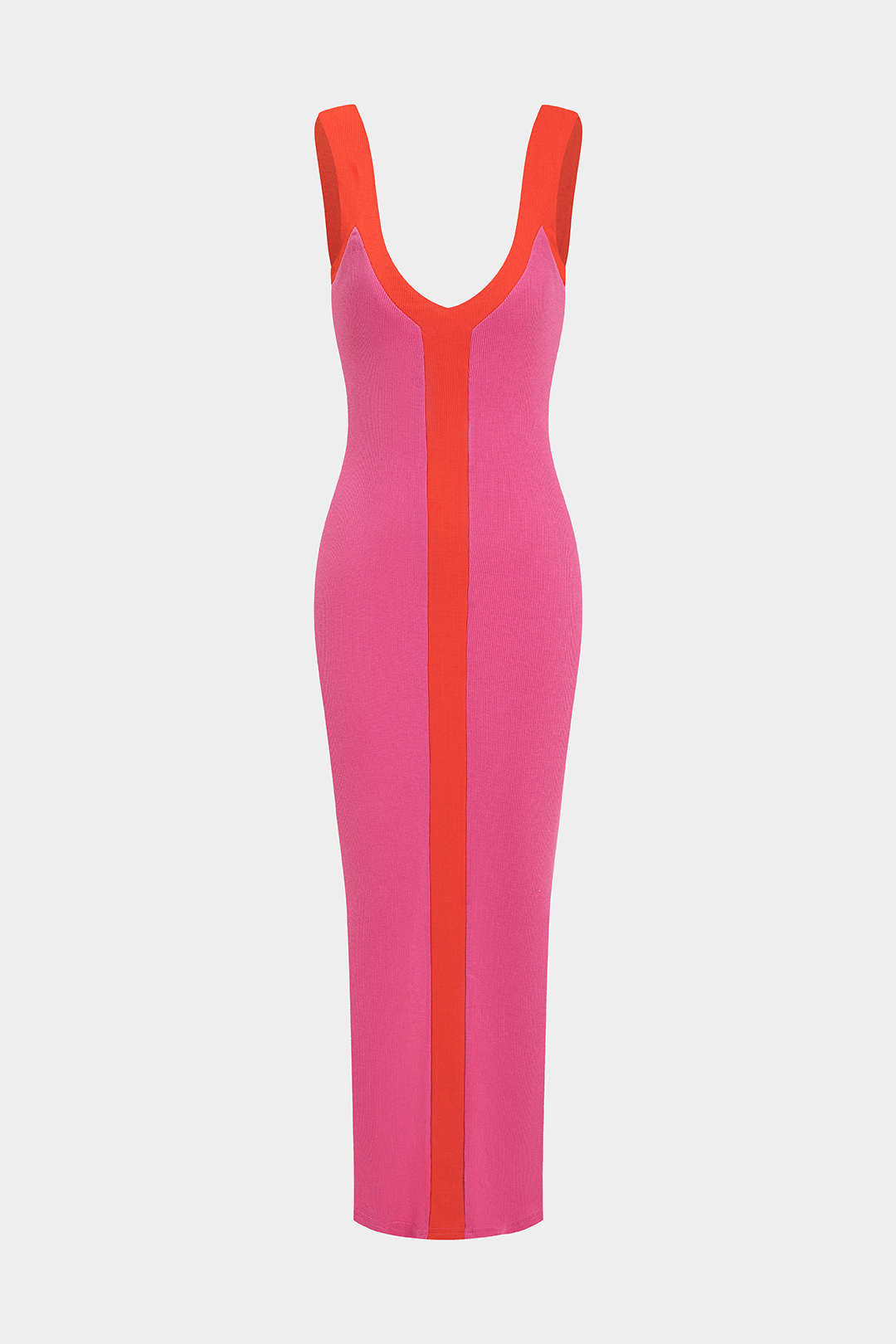 Colorblock V-neck Ribbed Split Maxi Dress
