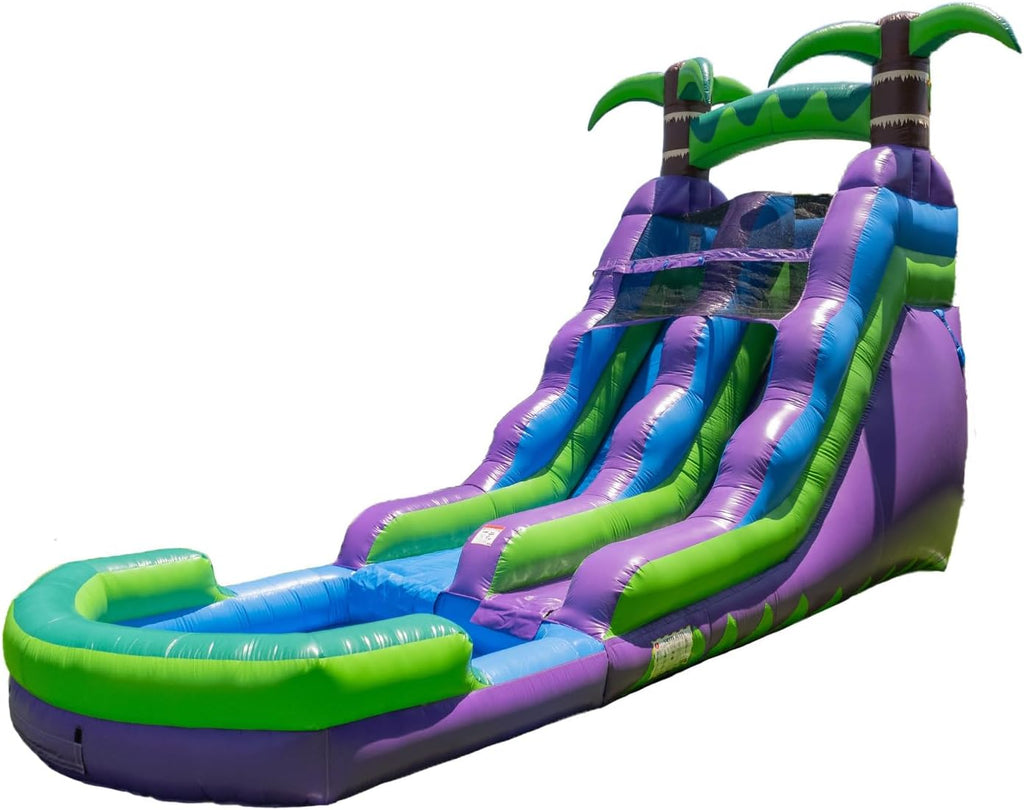 16 Purple Tropical Lightweight Premium Commercial Grade Water Slide Inflatable with Attached Pool for Kids and Adults (with Blower), Wet Dry Use, Summer Fun